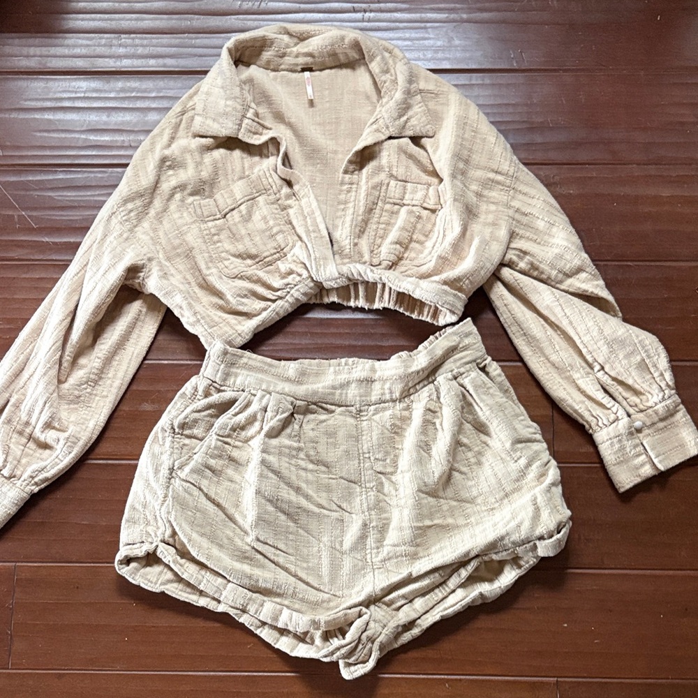 Free people set Cropped Button Shirt and Shorts Set in Light Beige